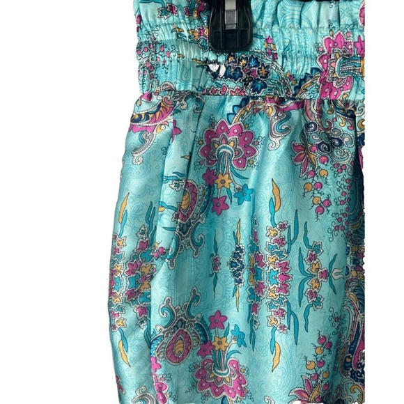 Kaktus + 1X Teal Print Satin Shirred Drawstring Waist Side Pockets Dress Shorts - Picture 6 of 7